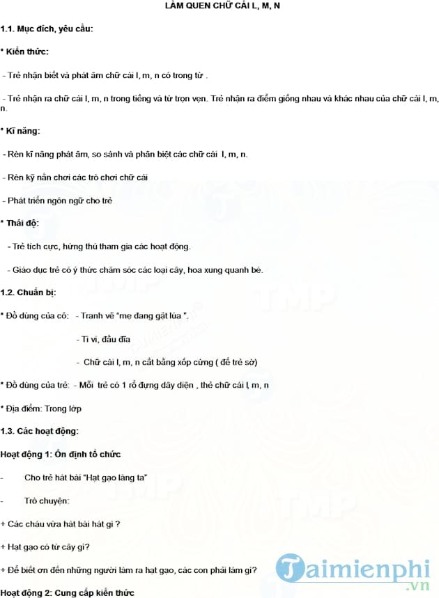 Giáo án làm quen chữ cái l, m, n