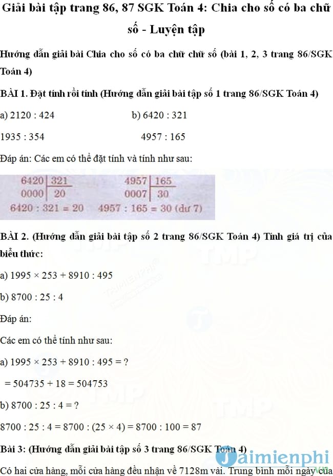 Giải bài tập trang 86, 87 SGK Toán 4