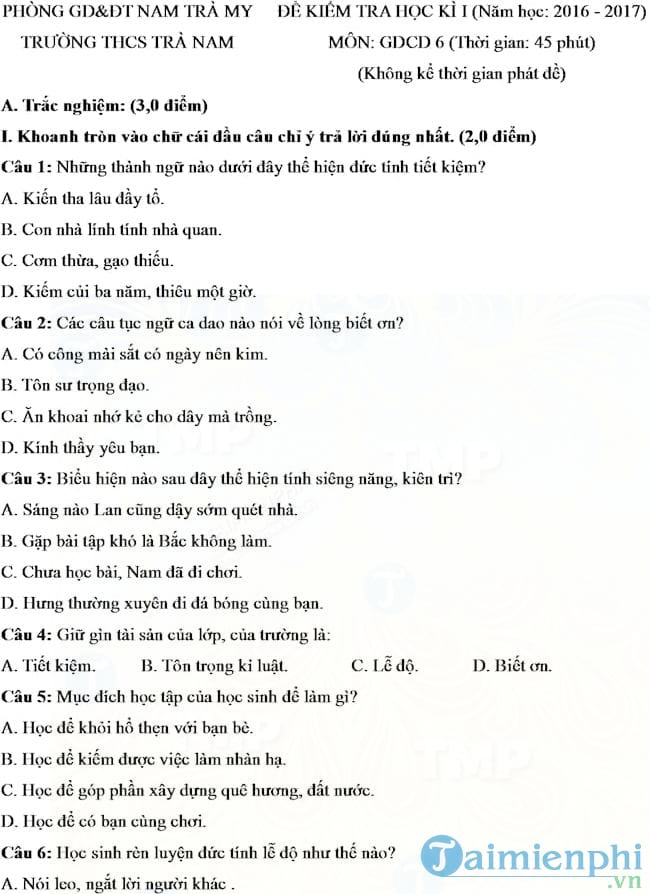 Đề thi học kì 1 môn Giáo dục công dân lớp 6