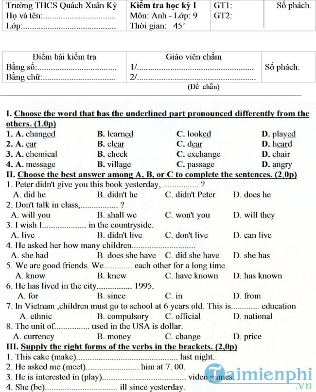 Đề thi học kì 1 môn Tiếng Anh lớp 9 trường THCS Quách Xuân Kỳ