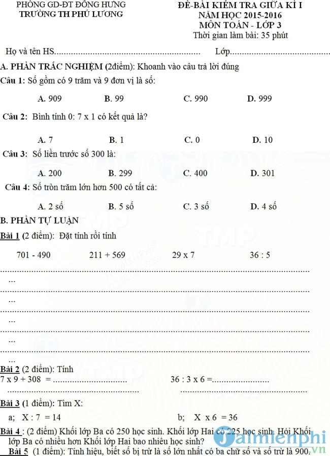 Đề kiểm tra giữa kì I môn Toán lớp 3