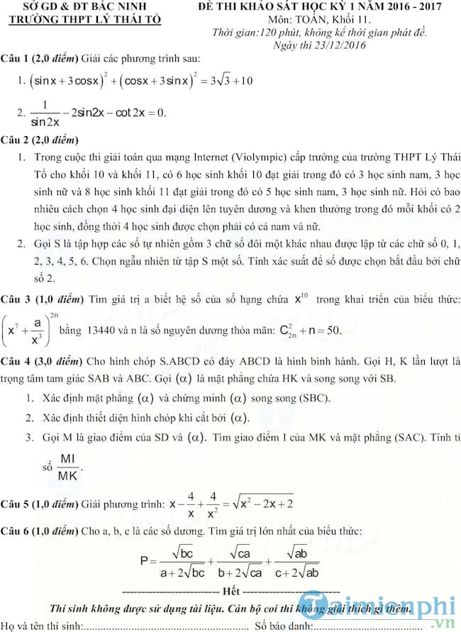 Đề thi học kì 1 môn Toán lớp 11