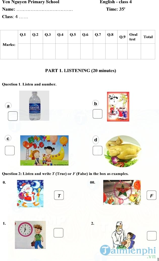 Đề thi giữa học kì 2 môn Tiếng Anh lớp 4