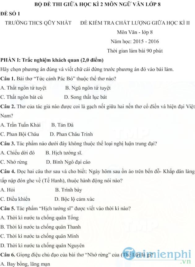 Đề thi giữa học kì 2 môn Ngữ văn lớp 8