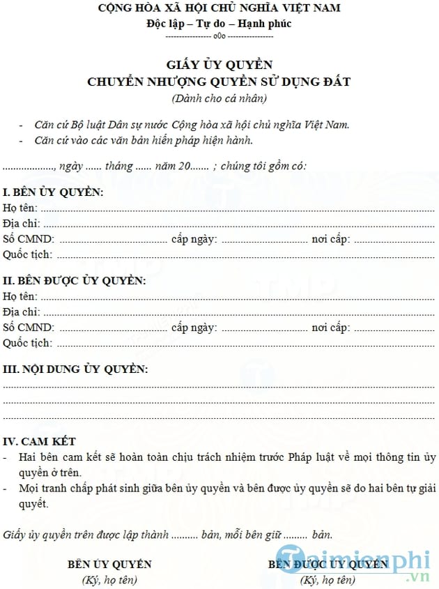 Giấy ủy quyền chuyển nhượng quyền sử dụng đất