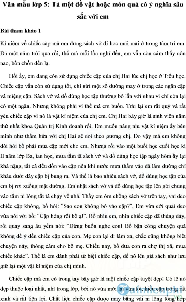 Văn mẫu Tả một đồ vật hoặc món quà có ý nghĩa