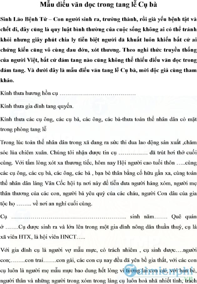 Mẫu điếu văn đọc trong tang lễ Cụ bà