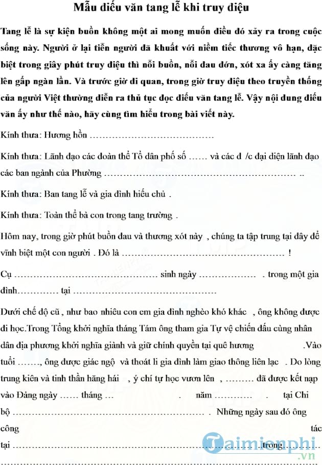 Mẫu điếu văn tang lễ khi truy điệu