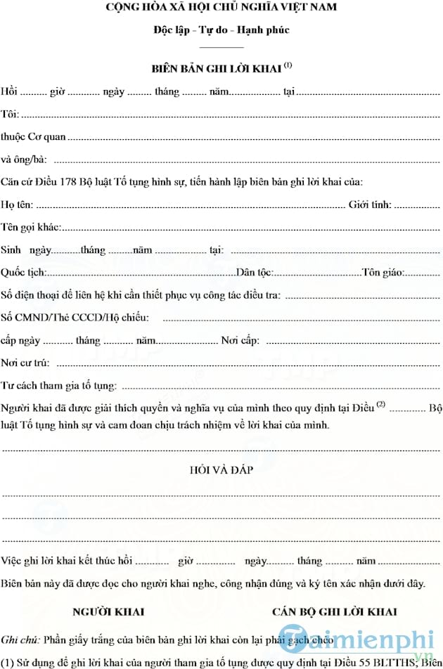 Mẫu biên bản ghi lời khai