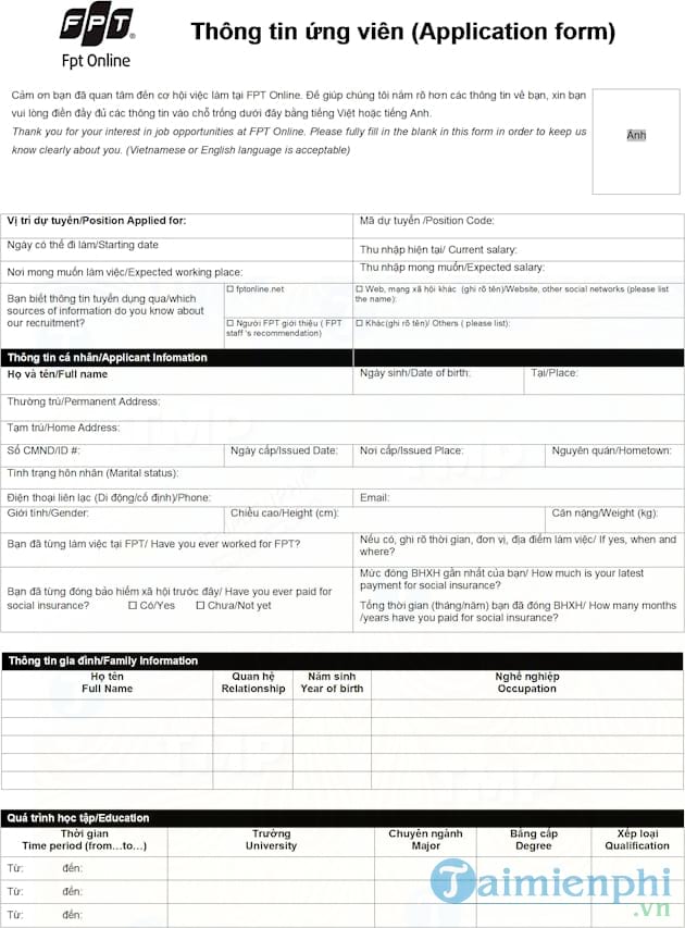 Mẫu đơn xin việc của FPT