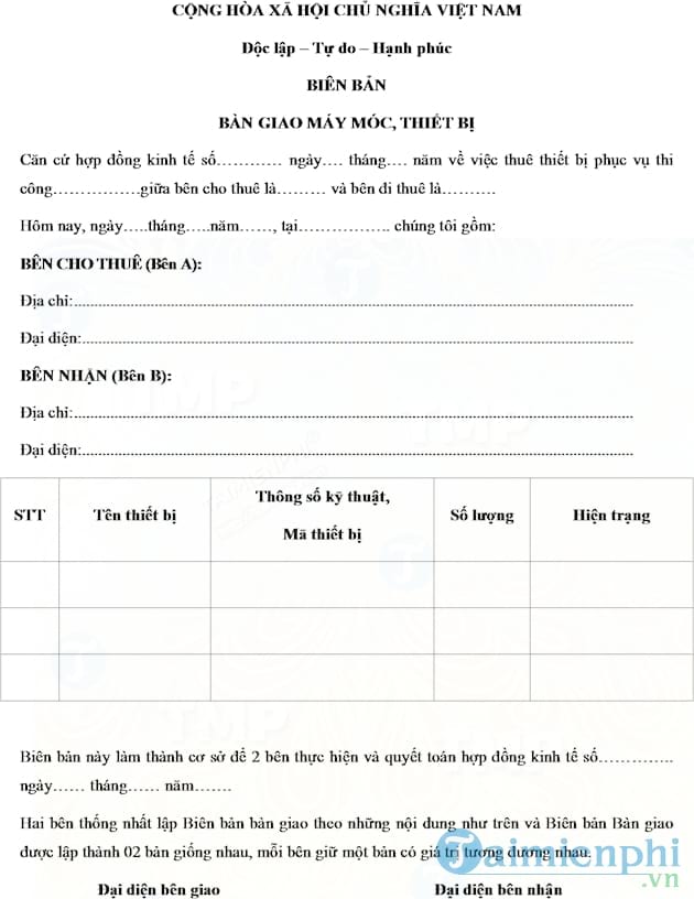 Mẫu biên bản bàn giao máy móc thiết bị