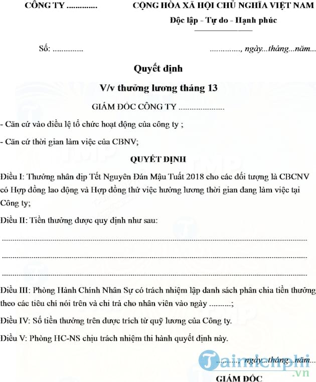 Mẫu quyết định thưởng Tết