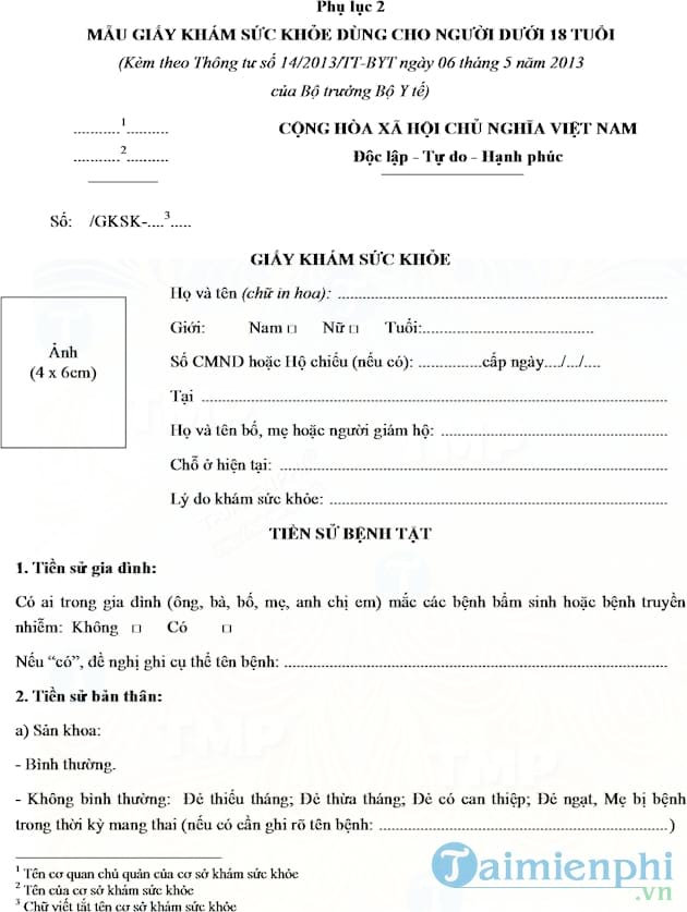 Mẫu giấy khám sức khỏe cho học sinh