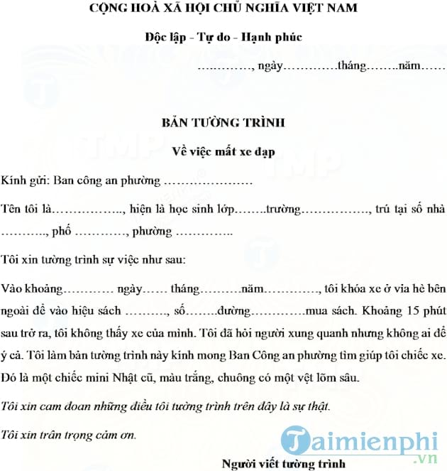 Bản tường trình về việc mất xe