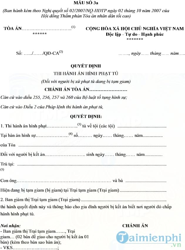 Mẫu quyết định thi hành án hình phạt tù