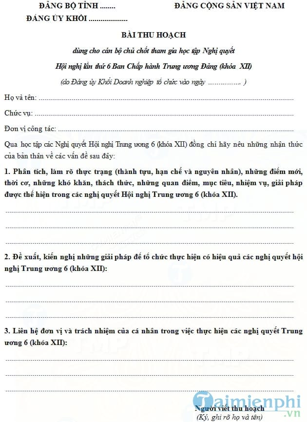 Mẫu bài thu hoạch Nghị quyết Trung ương 6 khóa 12 dành cho cán bộ chủ chốt