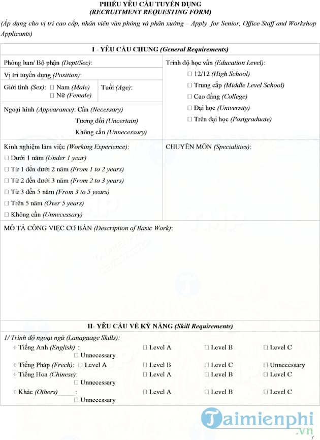 Mẫu Phiếu yêu cầu tuyển dụng