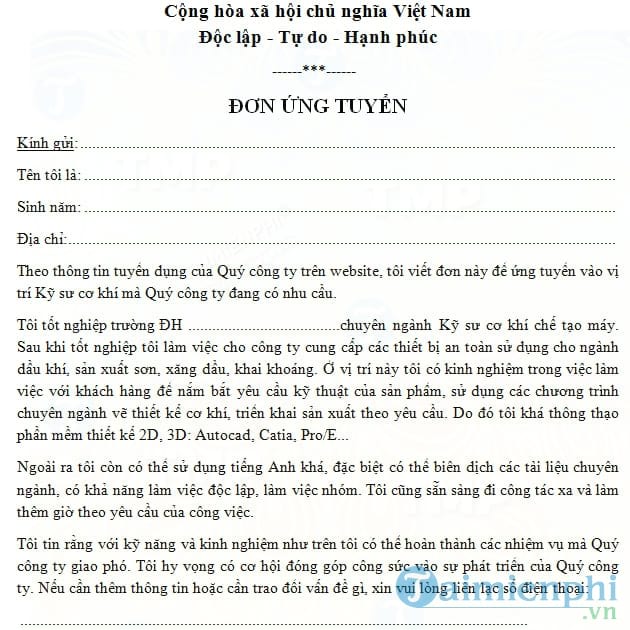 Mẫu đơn xin việc ngành kỹ sư cơ khí
