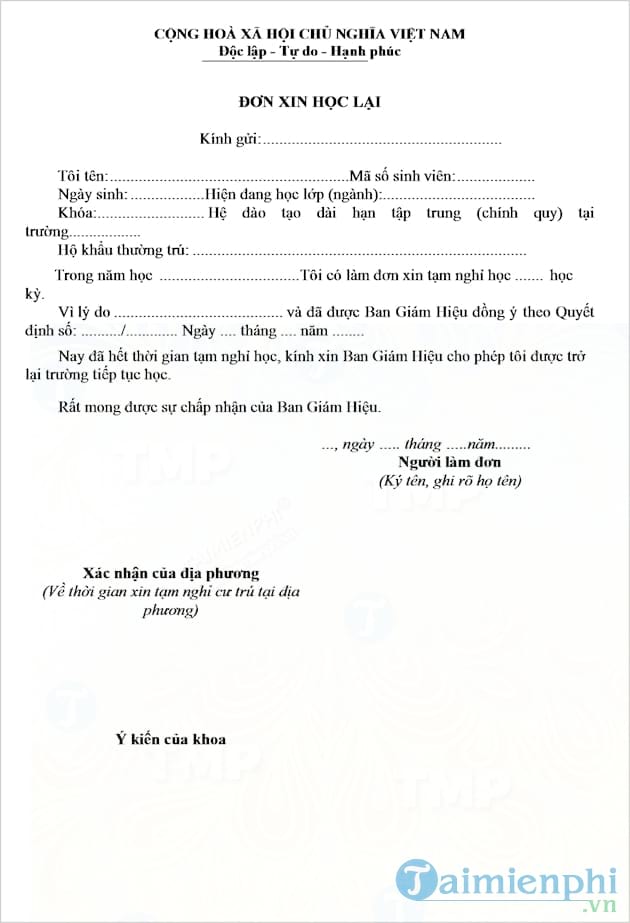 Mẫu đơn xin học lại