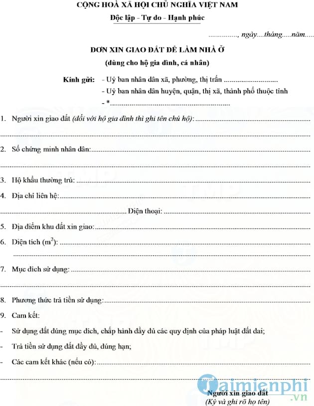 Mẫu đơn xin giao đất làm nhà ở