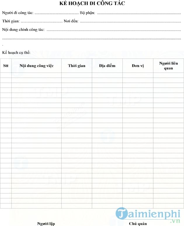 Mẫu kế hoạch đi công tác