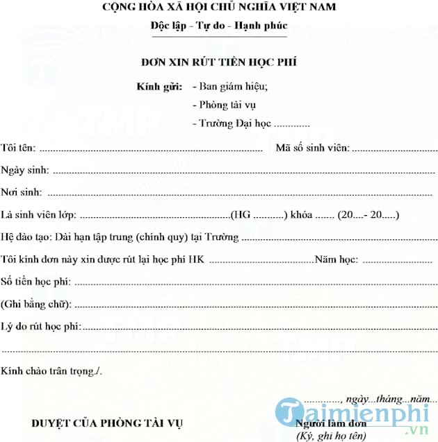 Đơn xin rút tiền học phí