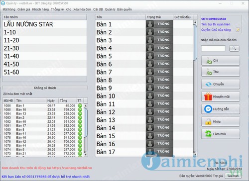 Phần mềm tính tiền quán ăn Vietbill