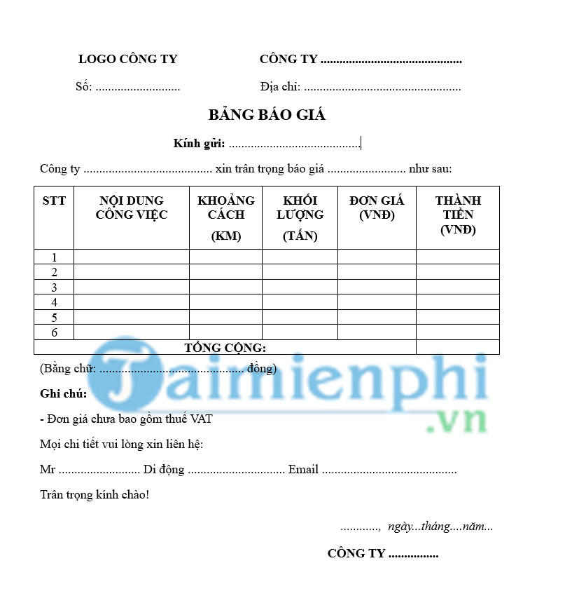 mau bang bao gia dich vu