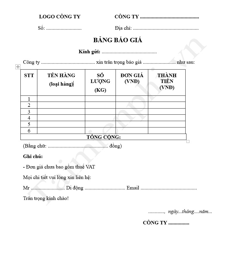 bang bao gia cong ty