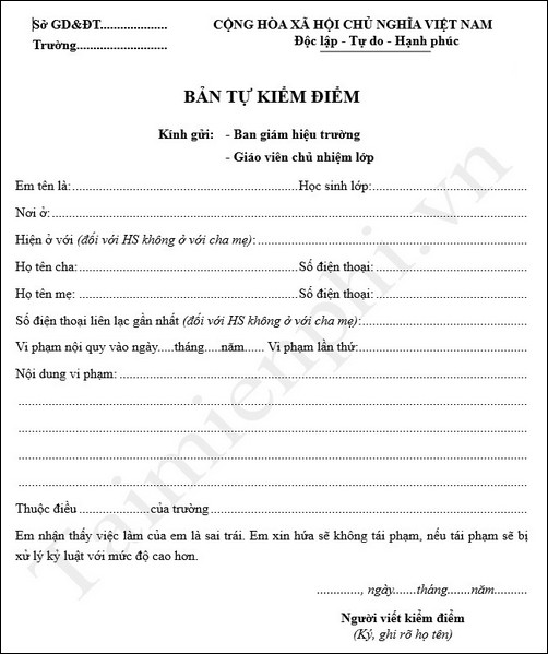 Mẫu bản kiểm điểm học sinh