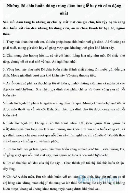 Lời chia buồn dùng trong tang lễ