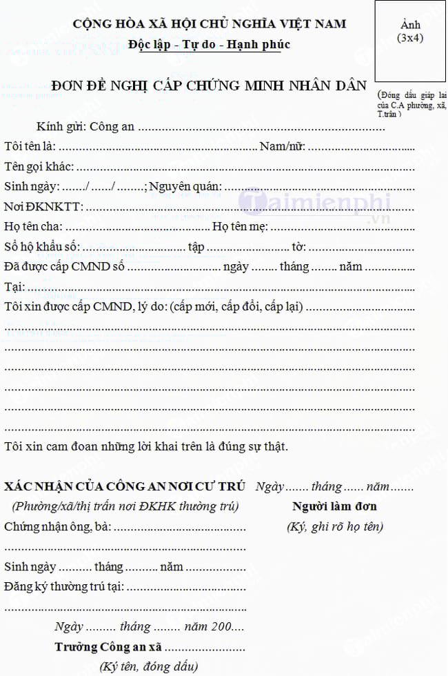 Đơn đề nghị cấp Chứng minh nhân dân