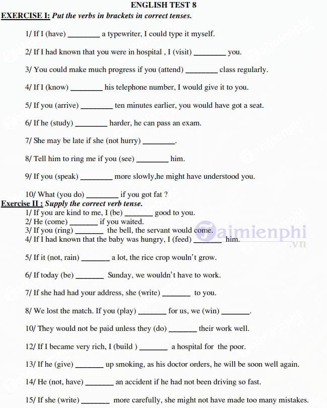 Bài tập về câu điều kiện loại 1, 2, 3 trong Tiếng Anh