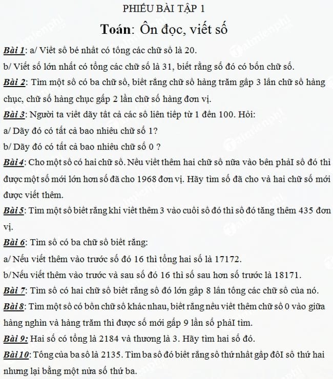 Bài tập ôn hè môn Toán, Tiếng Việt lớp 3