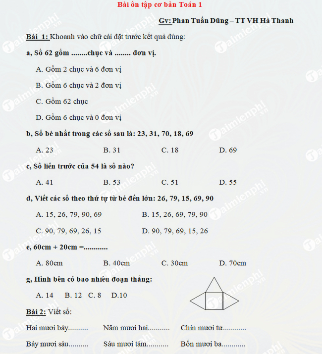 Bài tập cơ bản và nâng cao môn Toán lớp 1