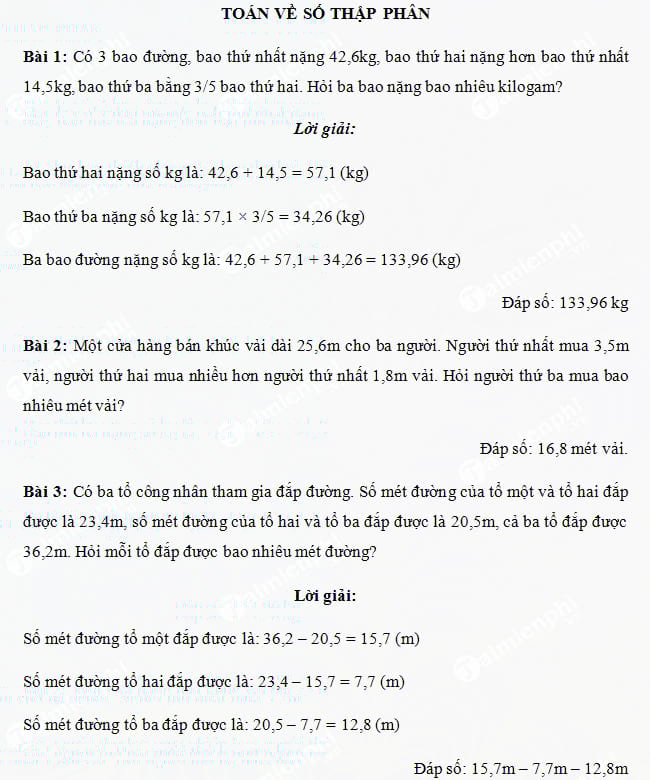Các bài toán về số thập phân nâng cao lớp 5