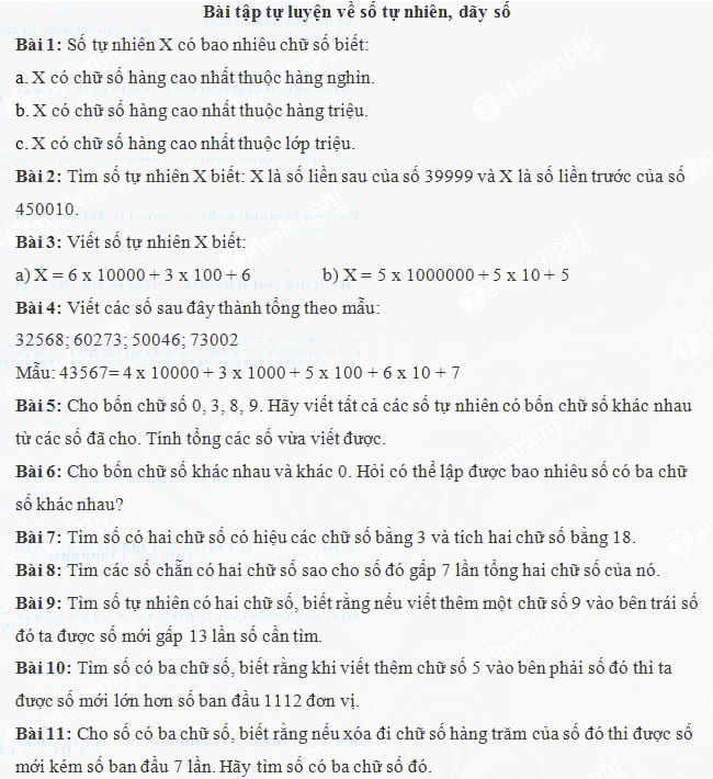 Bài tập tự luyện về số tự nhiên lớp 5