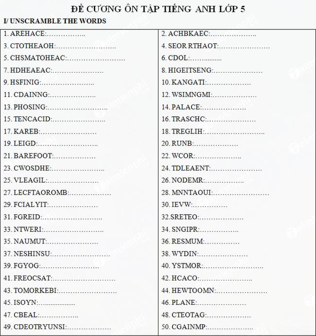 Đề cương ôn tập Tiếng Anh lớp 5