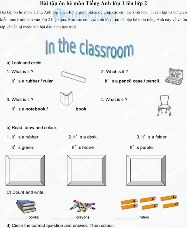 Bài tập ôn hè môn Tiếng Anh lớp 1 lên lớp 2