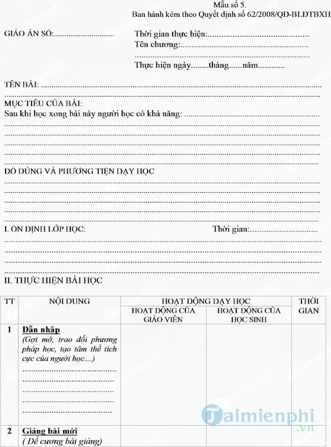 Mẫu giáo án chuẩn của bộ Giáo Dục và Đào Tạo hiện nay