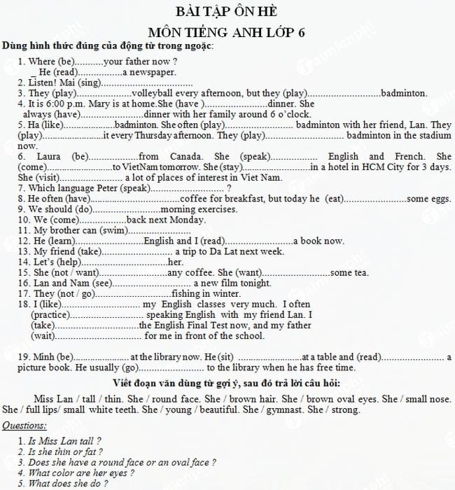 Bài tập ôn hè môn Tiếng Anh lớp 6