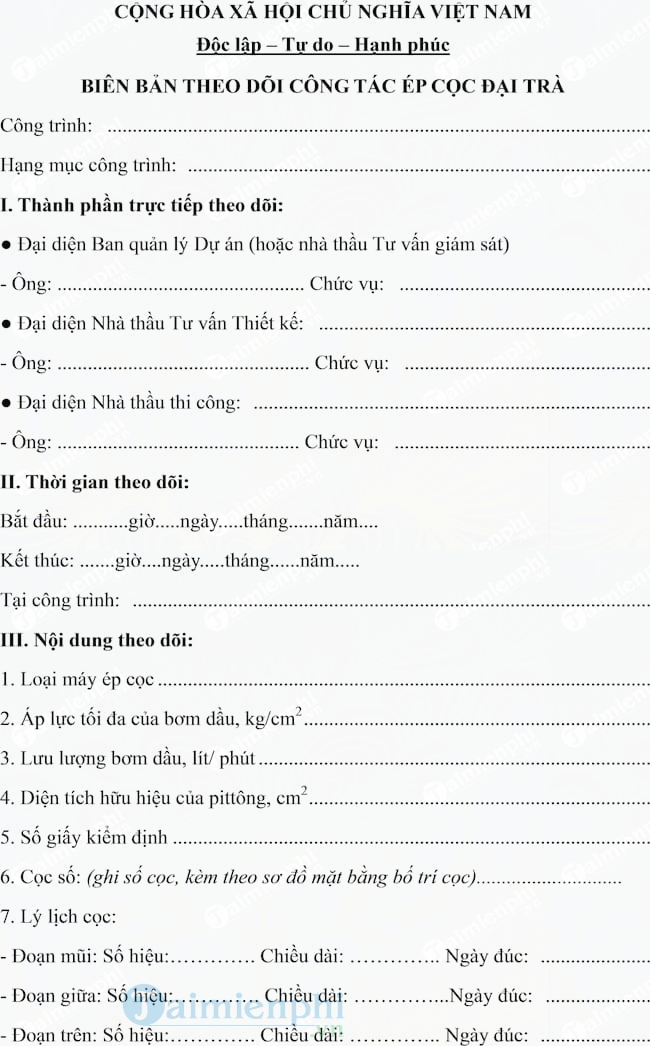 Mẫu biên bản theo dõi công tác ép cọc đại trà