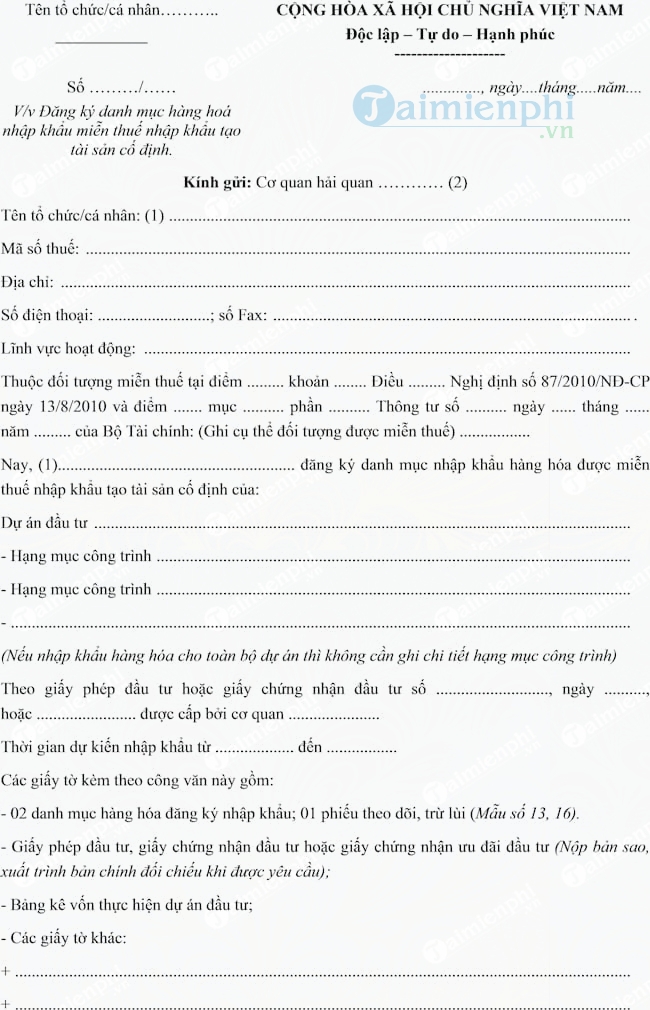 Mẫu công văn đăng ký danh mục miễn thuế nhập khẩu