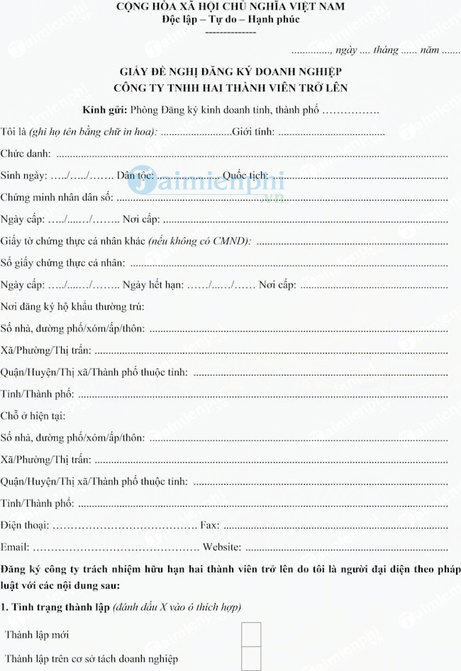 Mẫu giấy đề nghị đăng ký doanh nghiệp