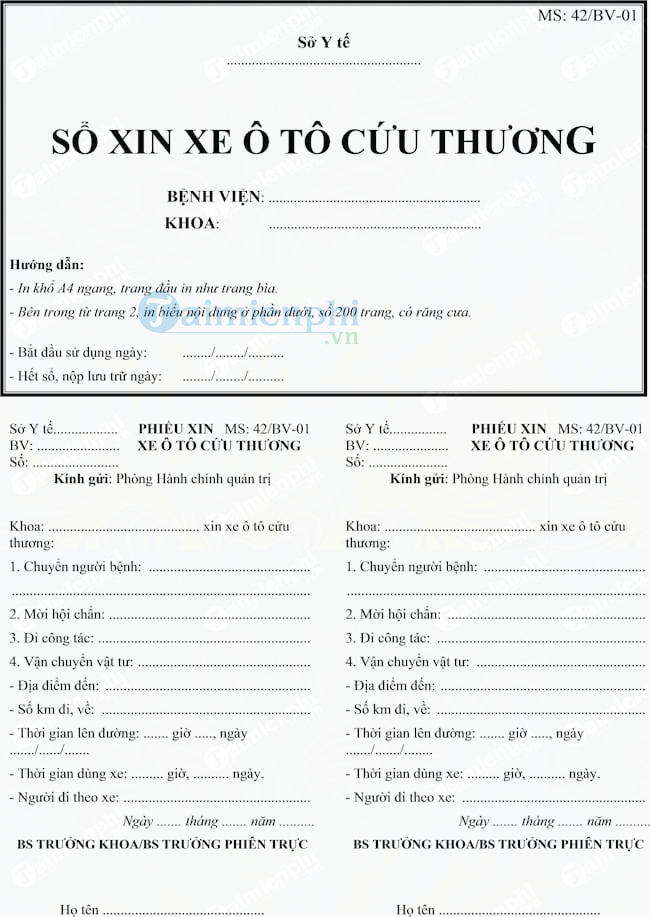 Mẫu sổ xin xe ô tô cứu thương