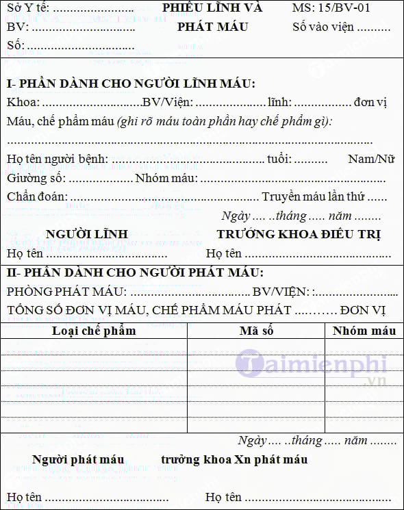 Mẫu phiếu lĩnh và phát máu