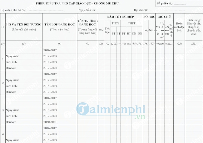Mẫu phiếu điều tra phổ cập giáo dục chống mù chữ