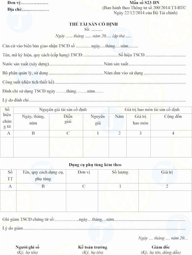 Mẫu thẻ tài sản cố định