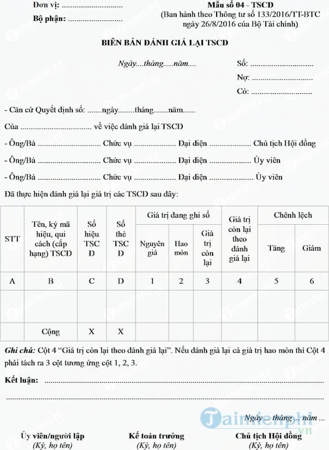 Mẫu biên bản đánh giá lại tài sản cố định