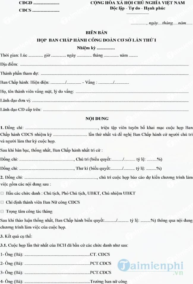 Mẫu biên bản họp ban chấp hành công đoàn cơ sở